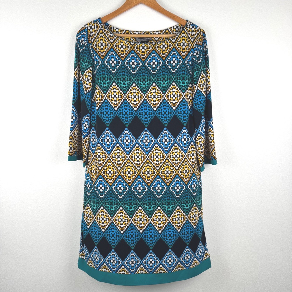 Jessica Howard Shift Dress Womens Large Blue Yellow Geometric Excellent Casual